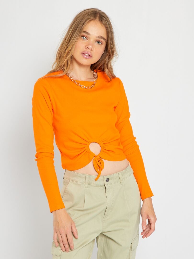 Geribbeld gebreid T-shirt met opening - oranje