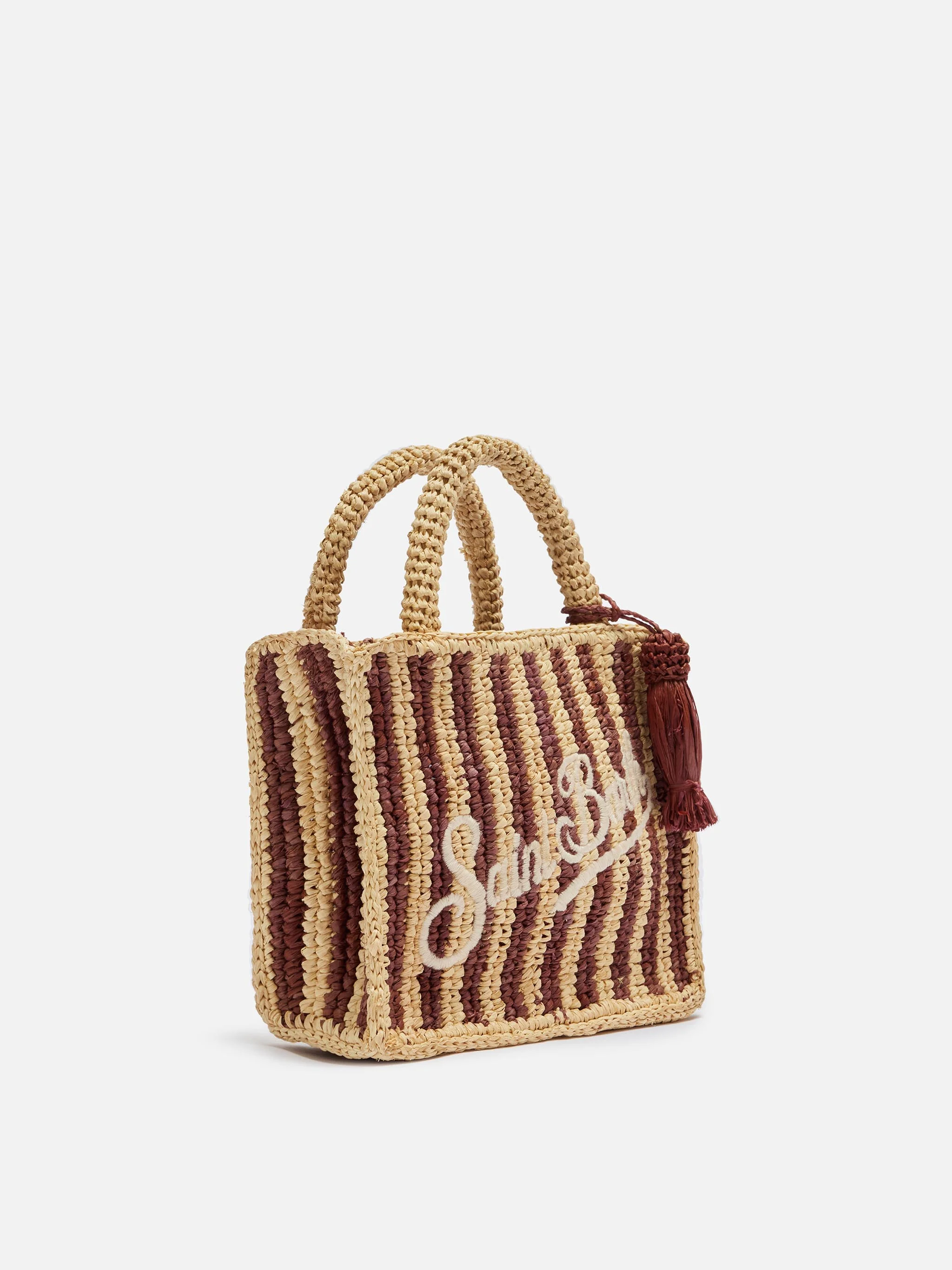 Mini toilettasje van raffia met gestreepte print