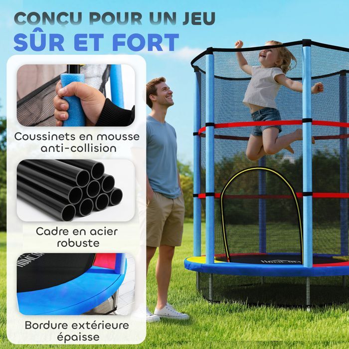 Cama elástica infantil - HOMCOM - Ø 1,40 x 1,90 m (alto) - red de seguridad, puerta con cremallera, 6 postes acolchados, capacidad de carga de 45 kg - multicolor