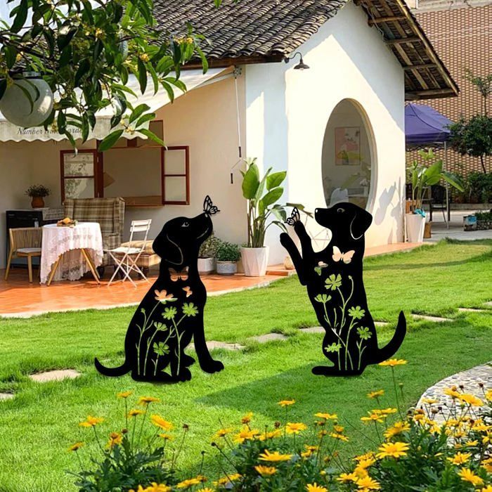 Adornos metálicos para jardín con forma de perro (2 piezas) - AQSACOKIYA - Estacas decorativas para jardín con forma de perro - Decoración para exteriores