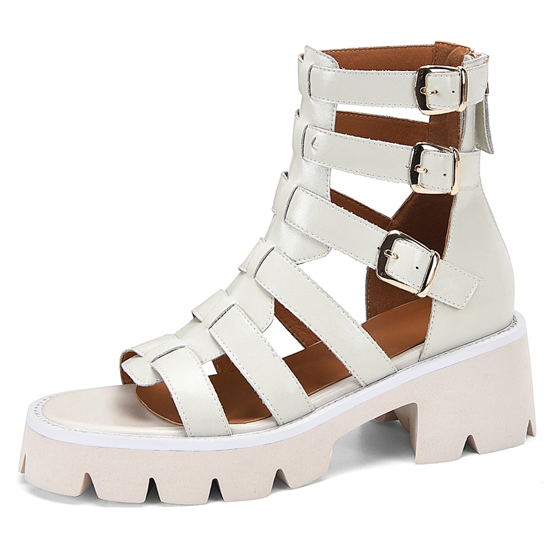 Sandali gladiatore con tacco alto in vera pelle bianca e nera da donna, scarpe estive casual con plateau, sandali da donna