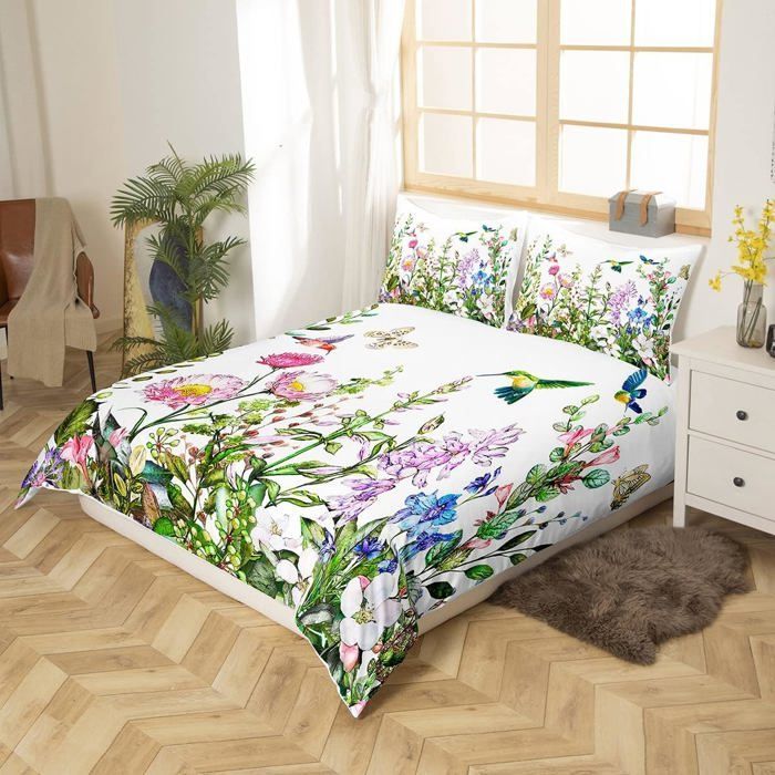 Juego de funda nórdica de colibríes, juego de ropa de cama de aves tropicales, 140x200cm, funda nórdica de flores y colibríes para niños