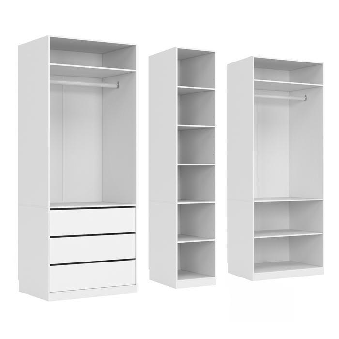 Armadio modulare IDMARKET TAYLOR 200 x 55 x 200 cm, 3 moduli con appendiabiti + ripiani + cassetti, colore bianco