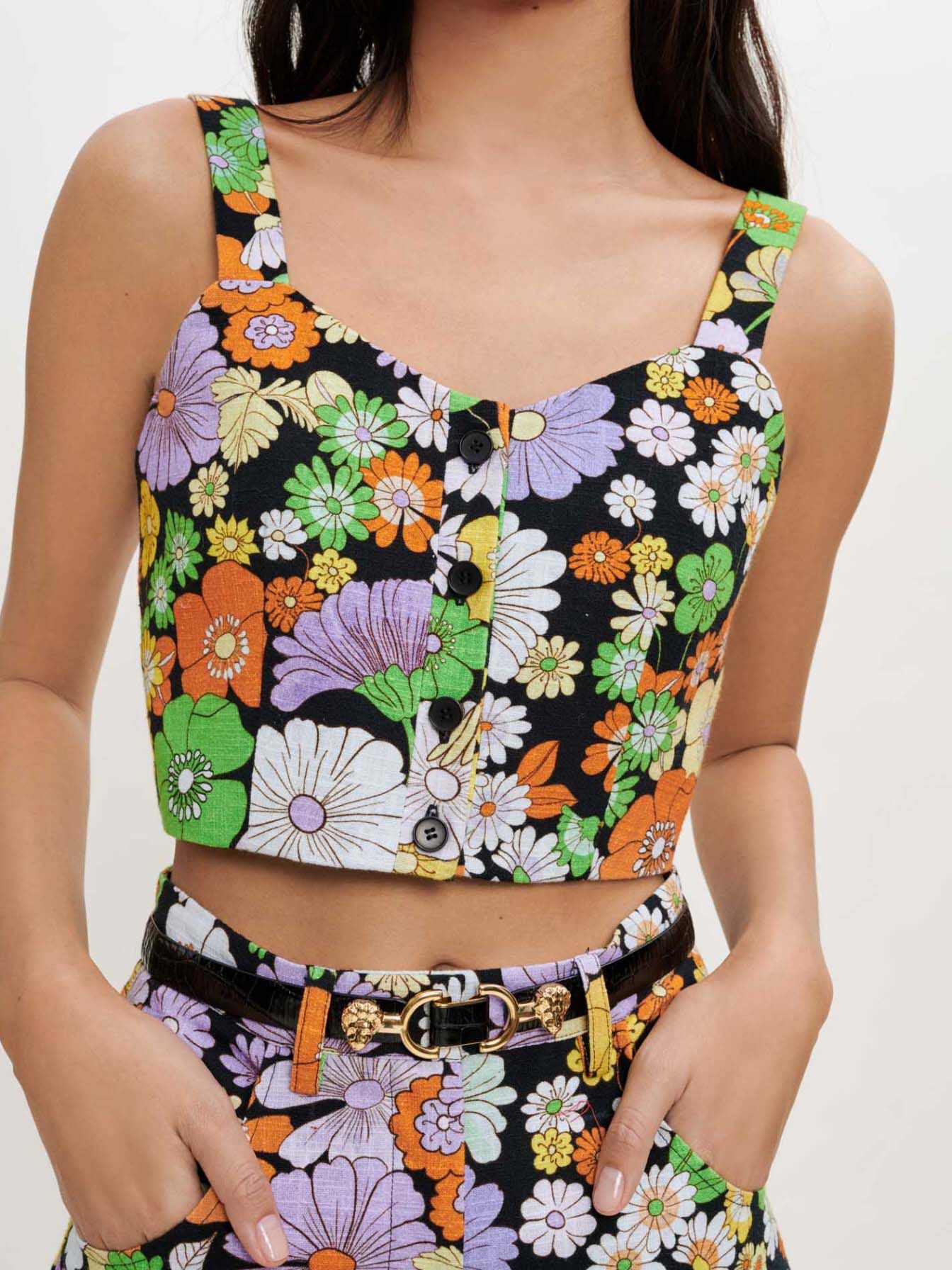 Top scurt cu imprimeu floral - Flower power noir