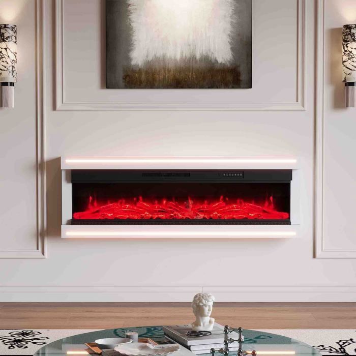 Cheminée Électrique Murale - AMBIANCE - 127 cm - 12 Couleurs de Flammes & LED d'Ambiance - Chauffage 750W/1500W avec Télécommande