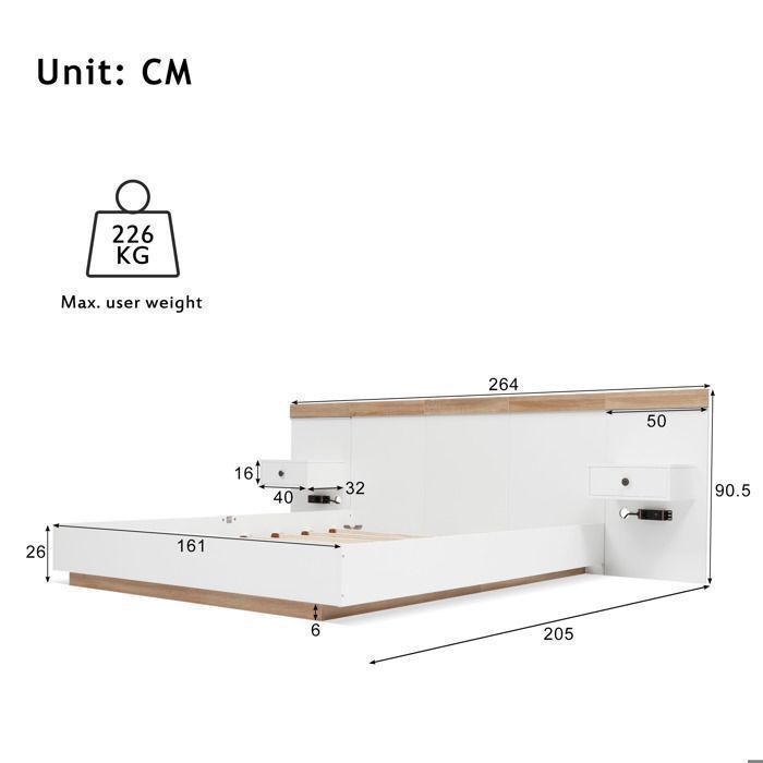Cama doble MODFU, cama para adultos de 160x200 cm con 2 mesitas de noche LED e interfaz USB-C, madera, blanco y roble, colchón no incluido.