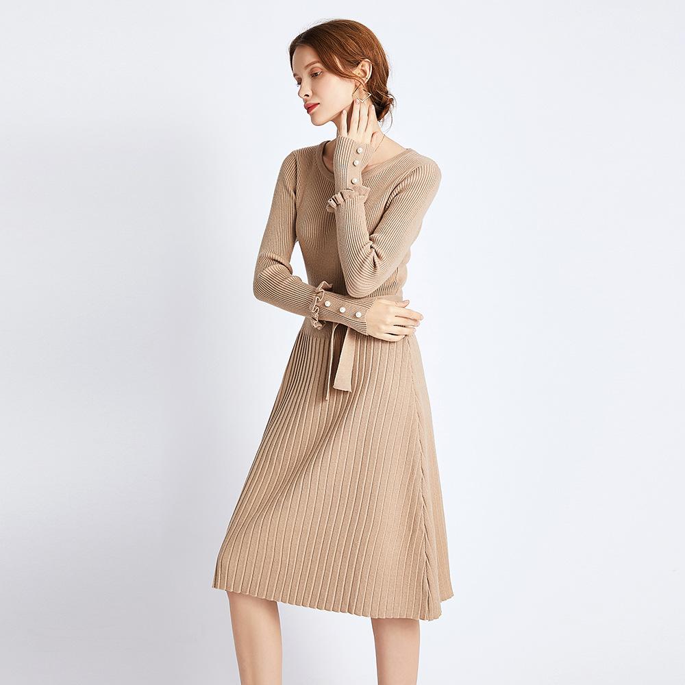 Robe pull longue élégante à manches longues et col rond pour femme, robe épaisse d'automne et d'hiver pour femme, robe trapèze cintrée ornée de perles et ceinture