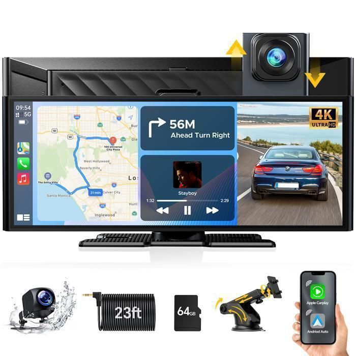 Rádio automotivo CAMPARK de 10,26 polegadas com CarPlay, câmera frontal 4K+1080P, câmera traseira, tela sensível ao toque, CarPlay sem fio e Android Auto.