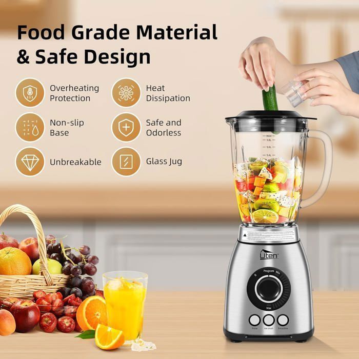 Uten 2L Smoothie Blender - 1800W Multifunctional Smoothie Blender - 18 Speeds - 6 Stainless Steel Blades