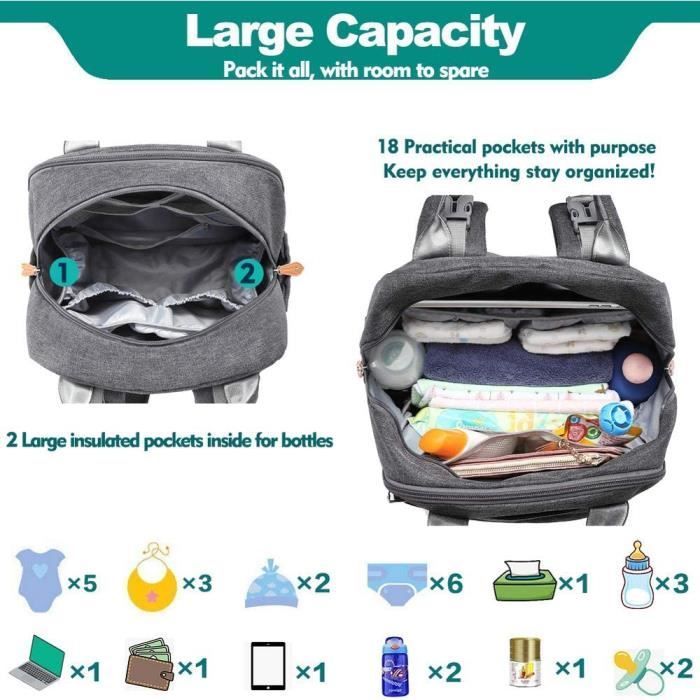 Mochila cambiador con cambiador integrado – Bolsa cambiador multifuncional impermeable de gran capacidad – Gris oscuro