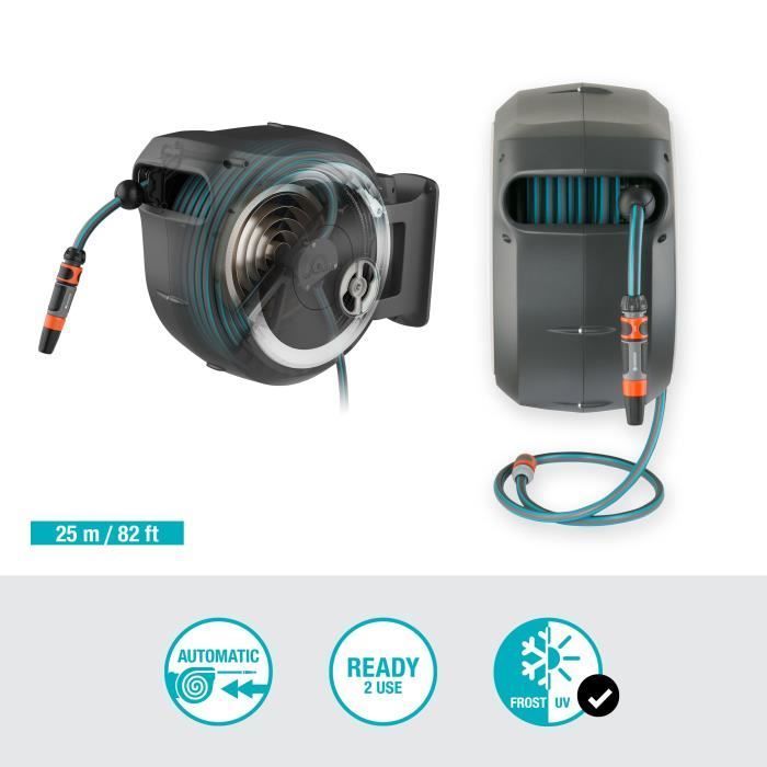 GARDENA RollUp® M/L wall-mounted automatic hose reel with white trim – Length 25m – Ø13mm – Complete kit – 5-year warranty (18622-20)