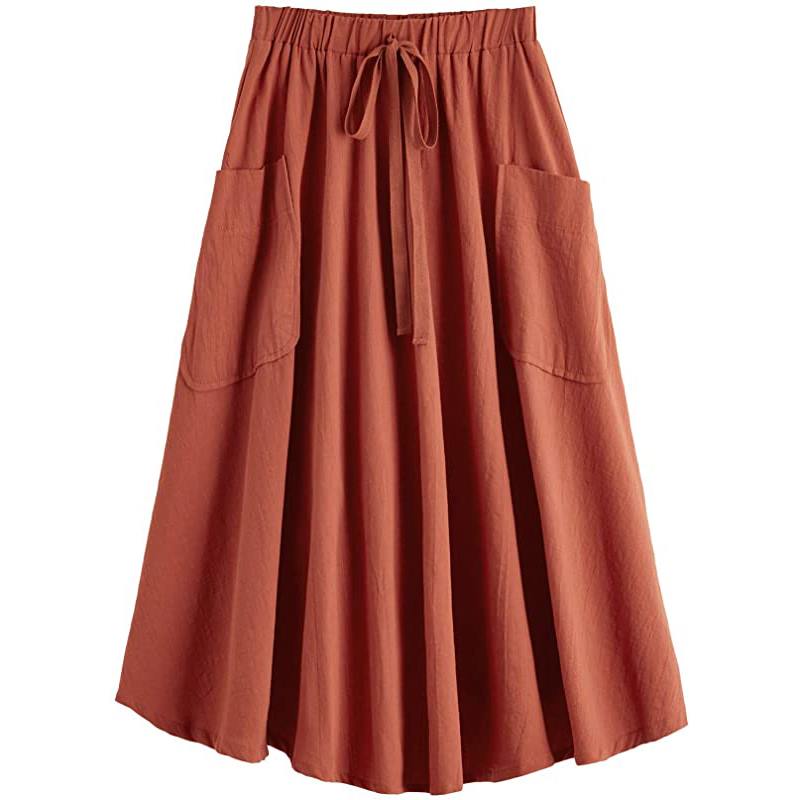 Jupe midi plissée trapèze taille haute décontractée pour femme avec poche