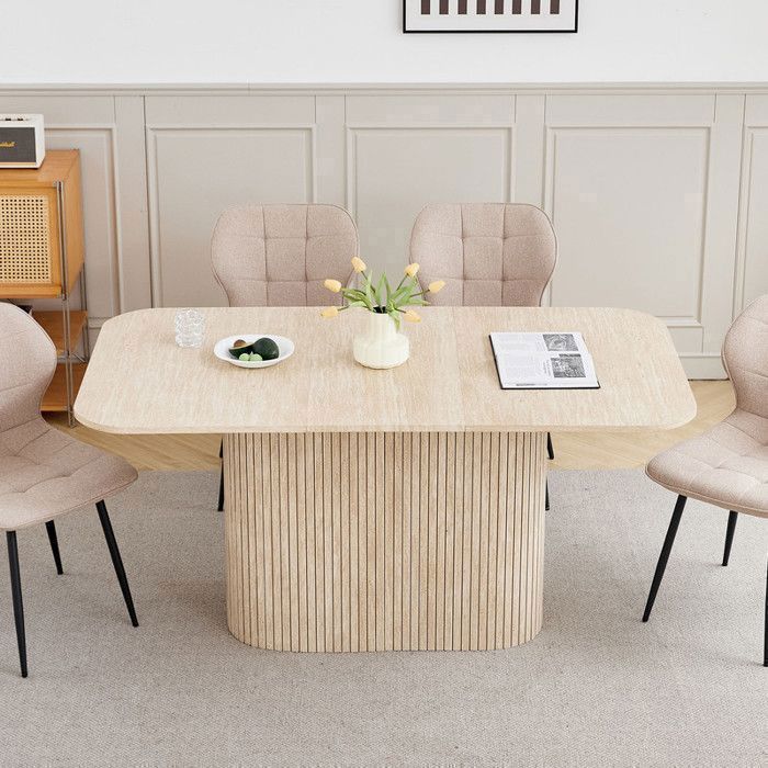 Table à manger ovale - Table à Manger Base Bois - Grand Plateau MDF - Table à Manger Style Contemporain - L160cm - Travertin Jaune