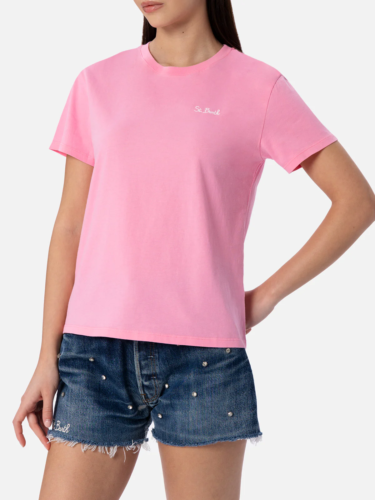 Emilie dames T-shirt met ronde hals van roze katoenen jersey