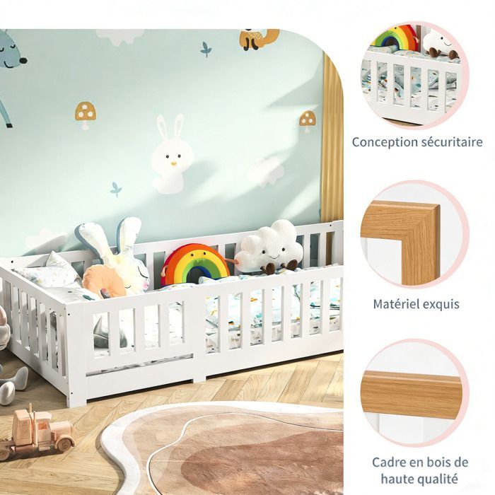 Kinderbed 90x200 - Kindervloerbed met veiligheidshekjes - Massief grenenhout - Montessori laag bed met lattenbodem - Wit