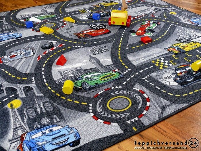 Tapete de Atividades Infantil Snapstyle - Circuito de Estrada Cinza Disney Cars - Disponível em 17 Tamanhos - 133x133 cm