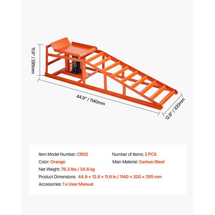 Rampa elevadora para coches VEVOR - 2 piezas - Rampa de acceso para coches - con gato hidráulico de 5T - Altura de elevación de 27 a 36 cm