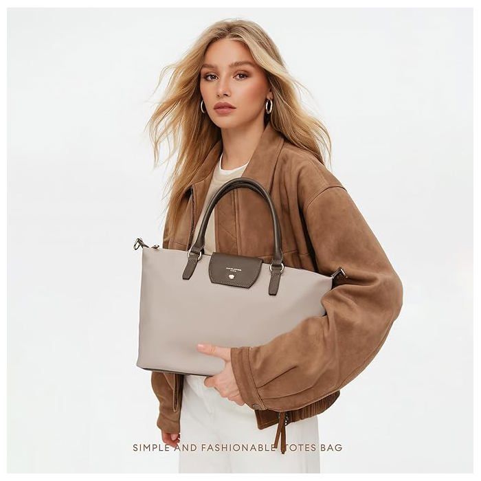 David Jones - Borsa tote da donna in nylon - Borsa a tracolla morbida per lo shopping - Taglia media - Beige