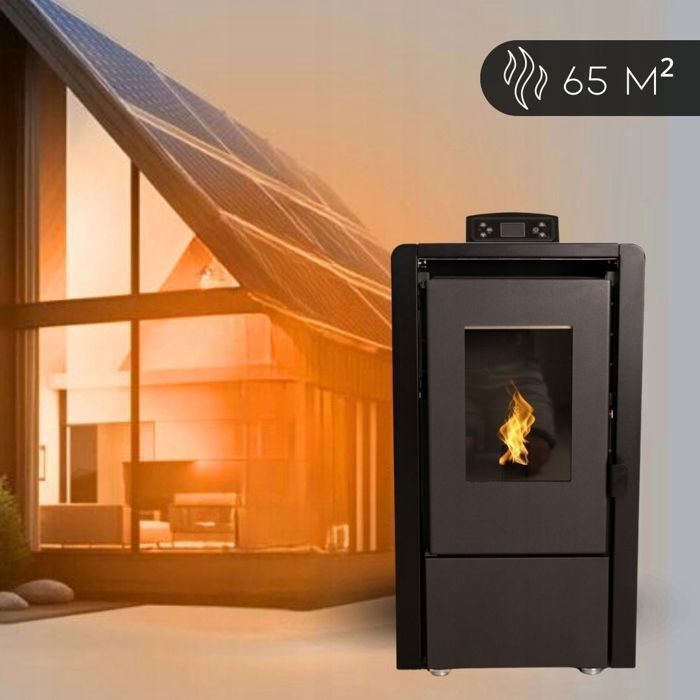 Estufa de pellets independiente THUNDER® LEYLA-BLACK de 6,3 kW | Termostato integrado | Kit completo | Diseño de estufa-chimenea