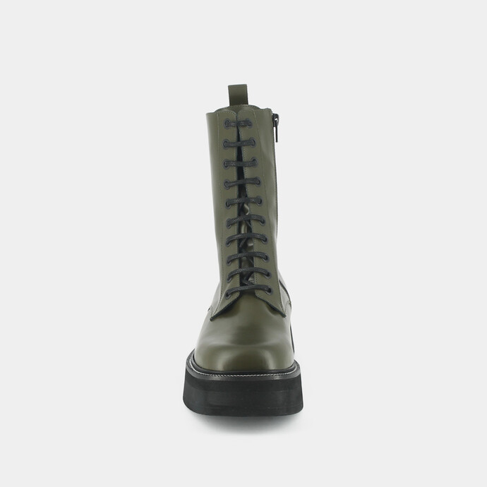 Boots à lacets et semelles épaisses  en cuir glacé kaki