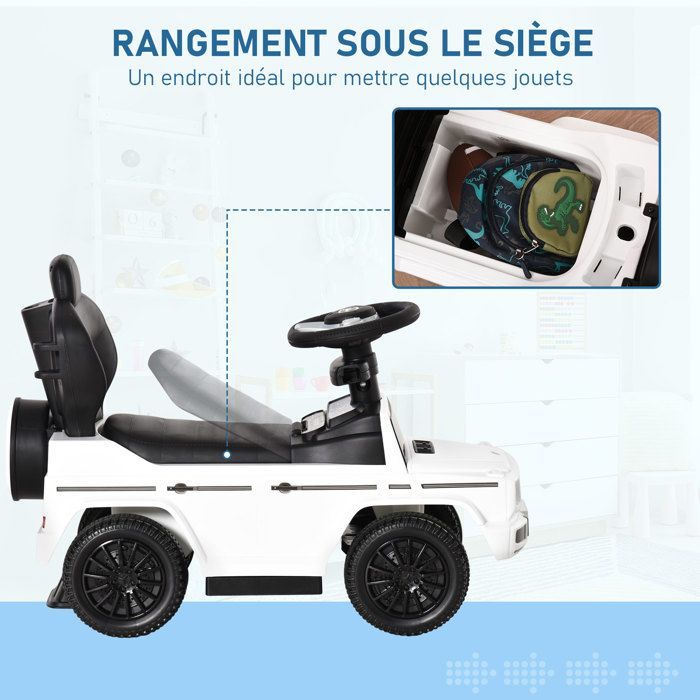 Coche de juguete infantil HOMCOM - Totalmente equipado con claxon, reposapiés y barras de seguridad - Plástico - 12-36 meses - Blanco