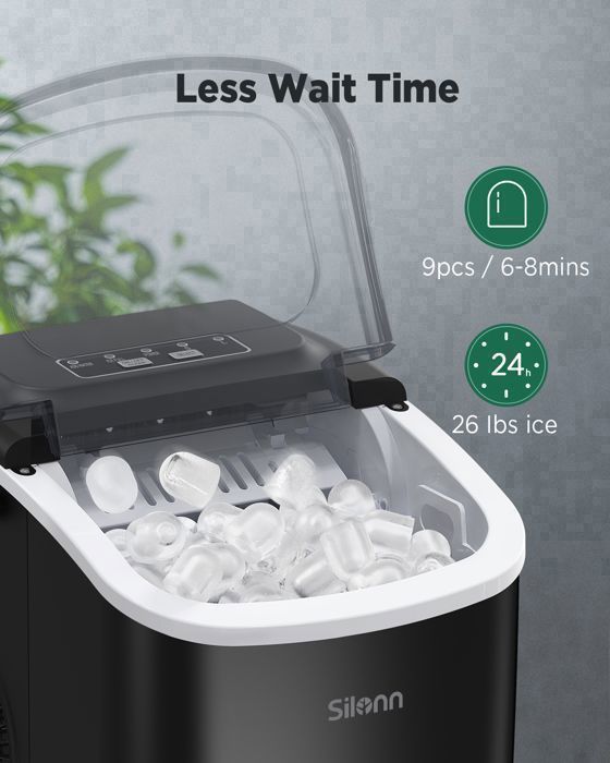 Machine à Glacons, Silonn, 12 kg/24h, Noir, Auto-Nettoyante, 9 Cubes en 6 Min, 2 Tailles, Idéale pour Maison, Bar, Fête