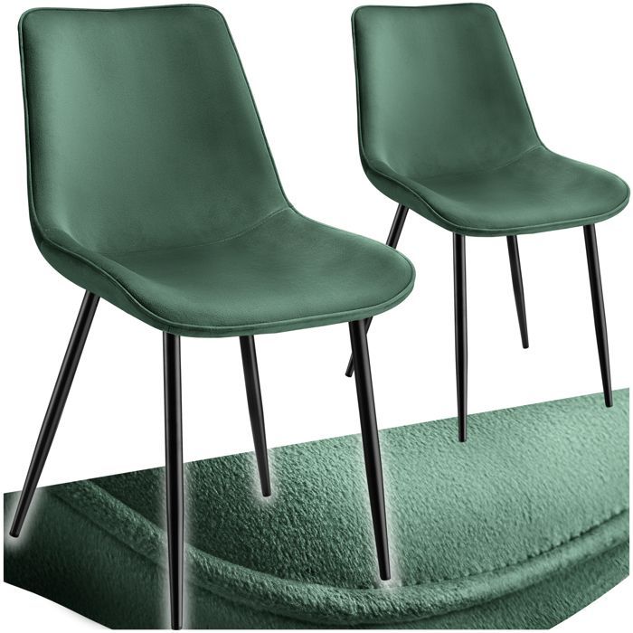 Chaises - TECTAKE - Lot de 2 fauteuils MONROE rembourrés aspect velours assise ergonomique et pieds en acier noir - Vert Foncé