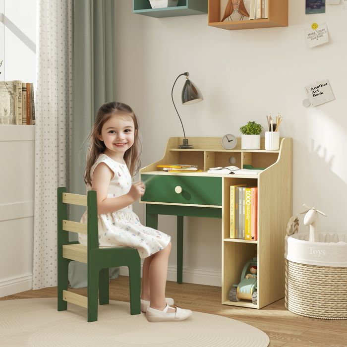 AIYAPLAY Children's Desk and Chair Set - Storage Shelves and Drawer - Furniture for Children Ages 3 to 10 - Green