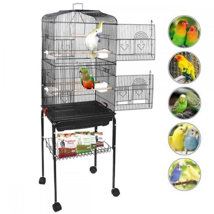 MIPAN. Bird Cage Aviary with Feeders + Wheels - For Canaries, Budgies, Parrots - 46×35.3×150.6cm - Black