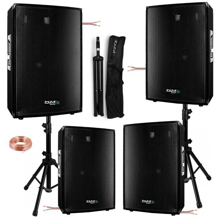 Ibiza Sound 2400W totaal PA-systeem - 4 x 600W luidsprekers - 2 luidsprekerstatieven - kabels - voor feestjes, verjaardagen en bruiloften