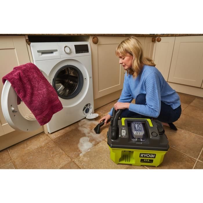 Aspiradora de taller RYOBI ONE+ de 18 V - 11,8 kPa - Depósito de polvo de 11 L - Con accesorios y adaptador para herramientas ONE+ - RV1811