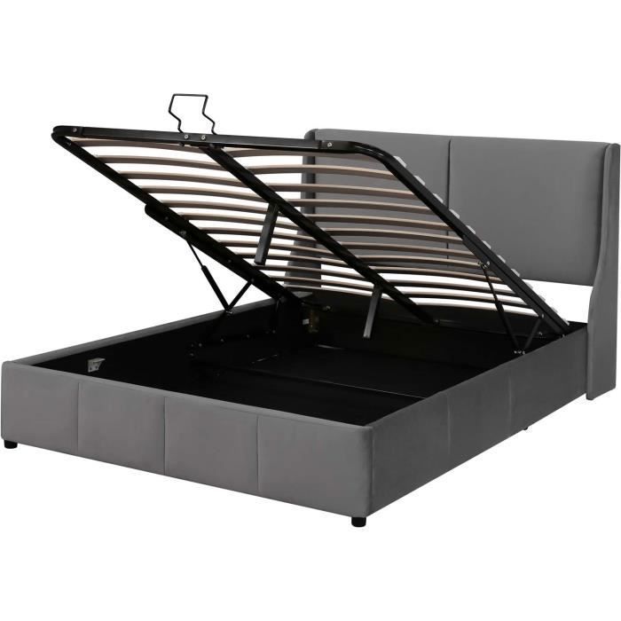 Letto contenitore 140x190 cm - MODERNLUXE - Grigio - Con rete a doghe e vano contenitore