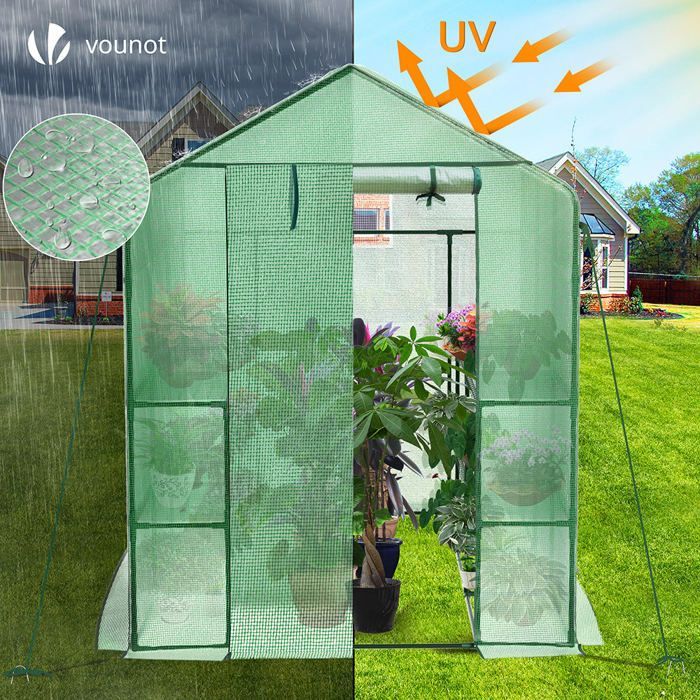 VOUNOT® Serre de jardin avec étagères 143x215x195cm vert - bâche renforcée 135g/m² - fenêtre moustiquaire - porte enroulable zippée