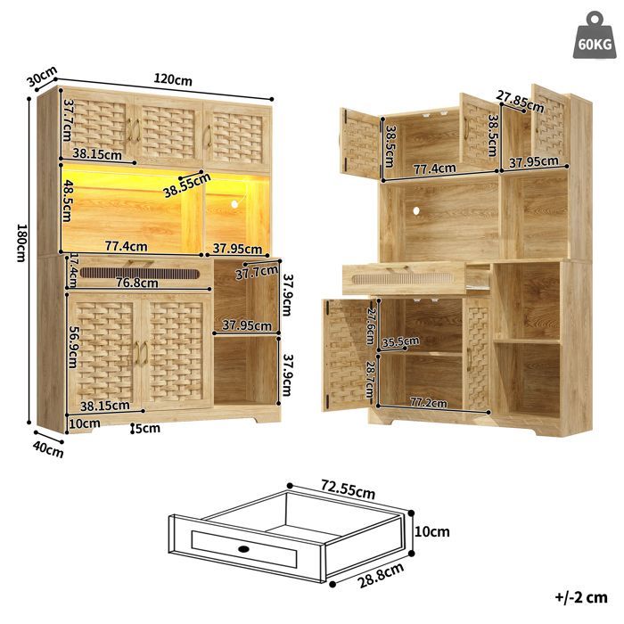 Versatile kitchen sideboard - MODERNLUXE - 137x45x178 cm - 2 doors - 3 drawers - 8 shelves - LED lighting - Natural