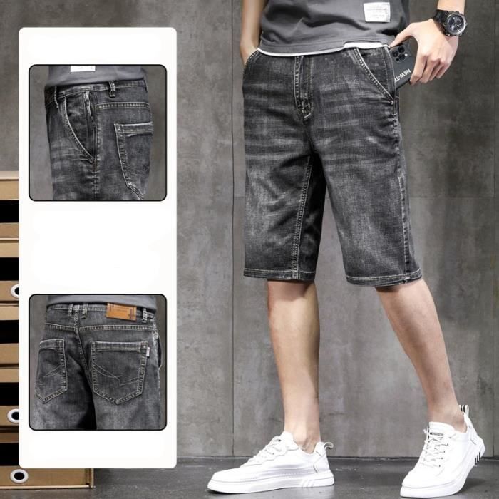 Short Homme en Jeans Gris Avec Poche zippée Antivol Short Denim Multi-poches Effet Délavé - Gris