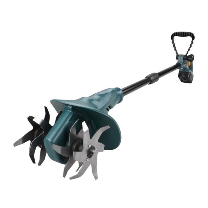 FISHTEC 18V cordless tiller with 4 tines (20cm x 8cm) and lithium battery included, for vegetable garden maintenance.