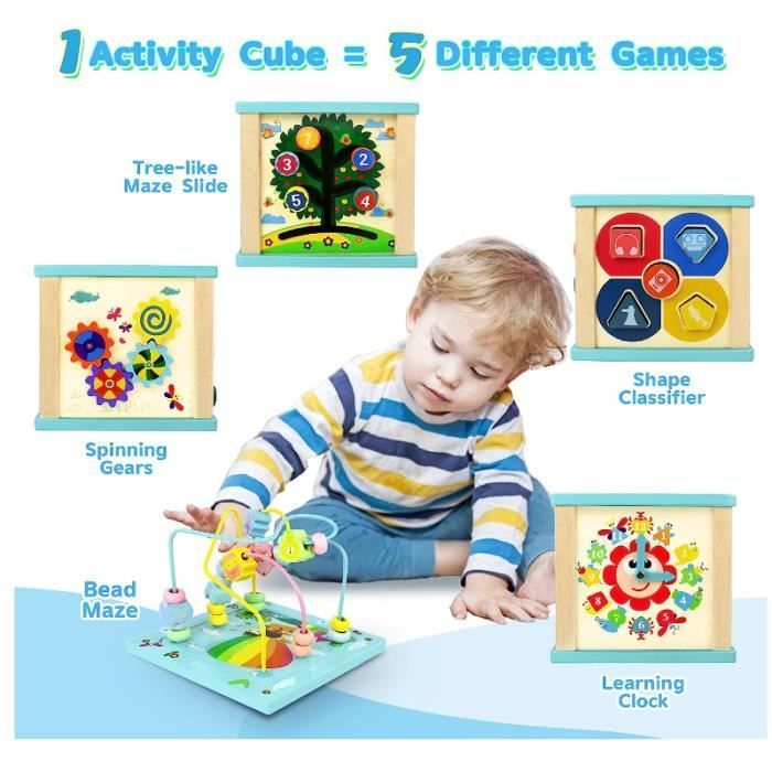 Aktivitätswürfel – Nicht spezifiziert – 5-in-1 – Holzspielzeug – Montessori-Frühpädagogik – Ab 12 Monaten