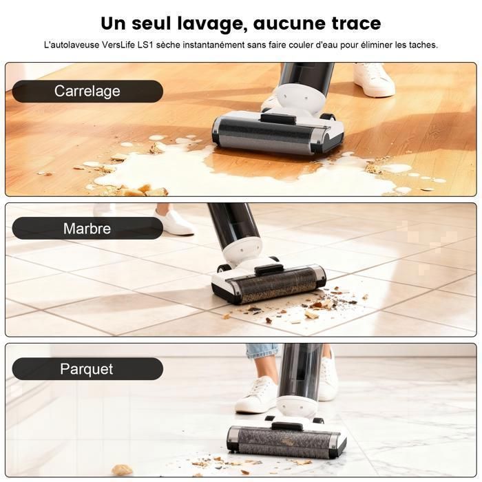 VersLife LS1-Aspirateur Laveur Sans fil-Humide et Sec/3 en 1/50 mins&1.15L-Idéal pour Les Carrelage, Marbre, Parquet