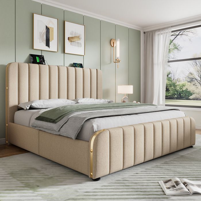 Cama tapizada de 180x200 con 4 cajones - Cabecero con carga USB Tipo-C - Ribete dorado - Base de láminas - Ropa de cama beige