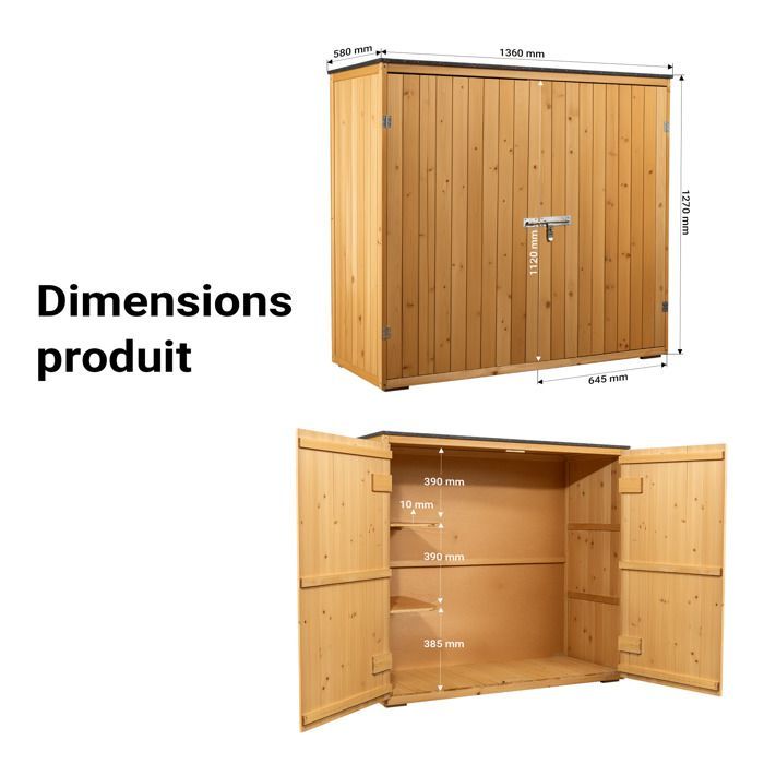 Wiltec Abri de jardin – 1360 x 580 x 1270 mm – en bois verni – avec Toit revêtu par PVC et 2 portes – Cabane Remise pour rangement o