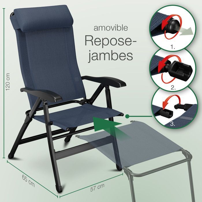 ELONEO Chaise de Camping Pliante avec Repose-Pieds Amovible, Dossier Réglable, Aluminium - Confort Jardin & Balcon, bleu
