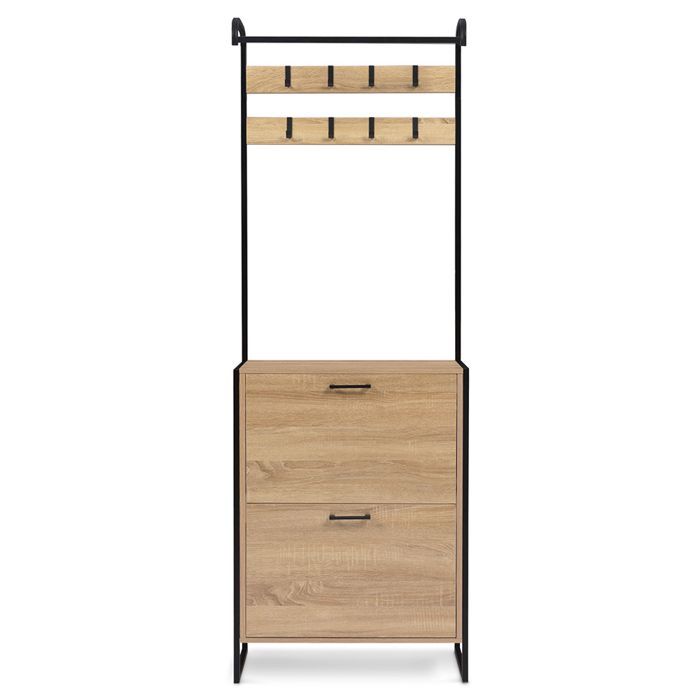 Vestiaire d'entrée avec porte manteau et range chaussures effet bois et métal