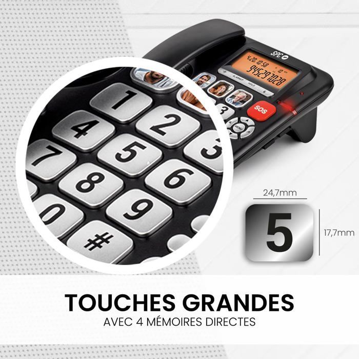 Teléfono fijo adaptado para personas mayores - SVATV - Botones grandes - Timbre de 97 dB - Pantalla retroiluminada - Amplificador de +20 dB - Botón SOS