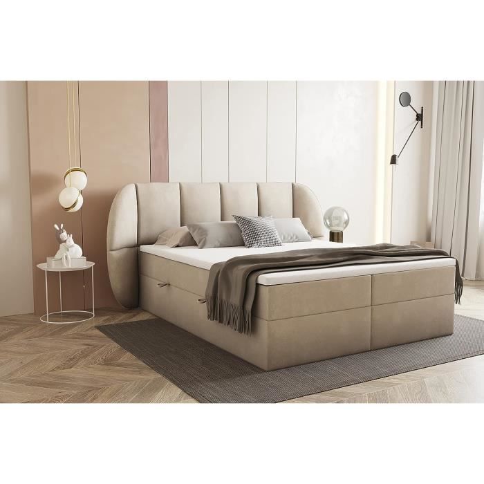 Cama de casal BILBAO 200x200 cm - Estofada com arrumação e colchão - Tecido de veludo - Bege