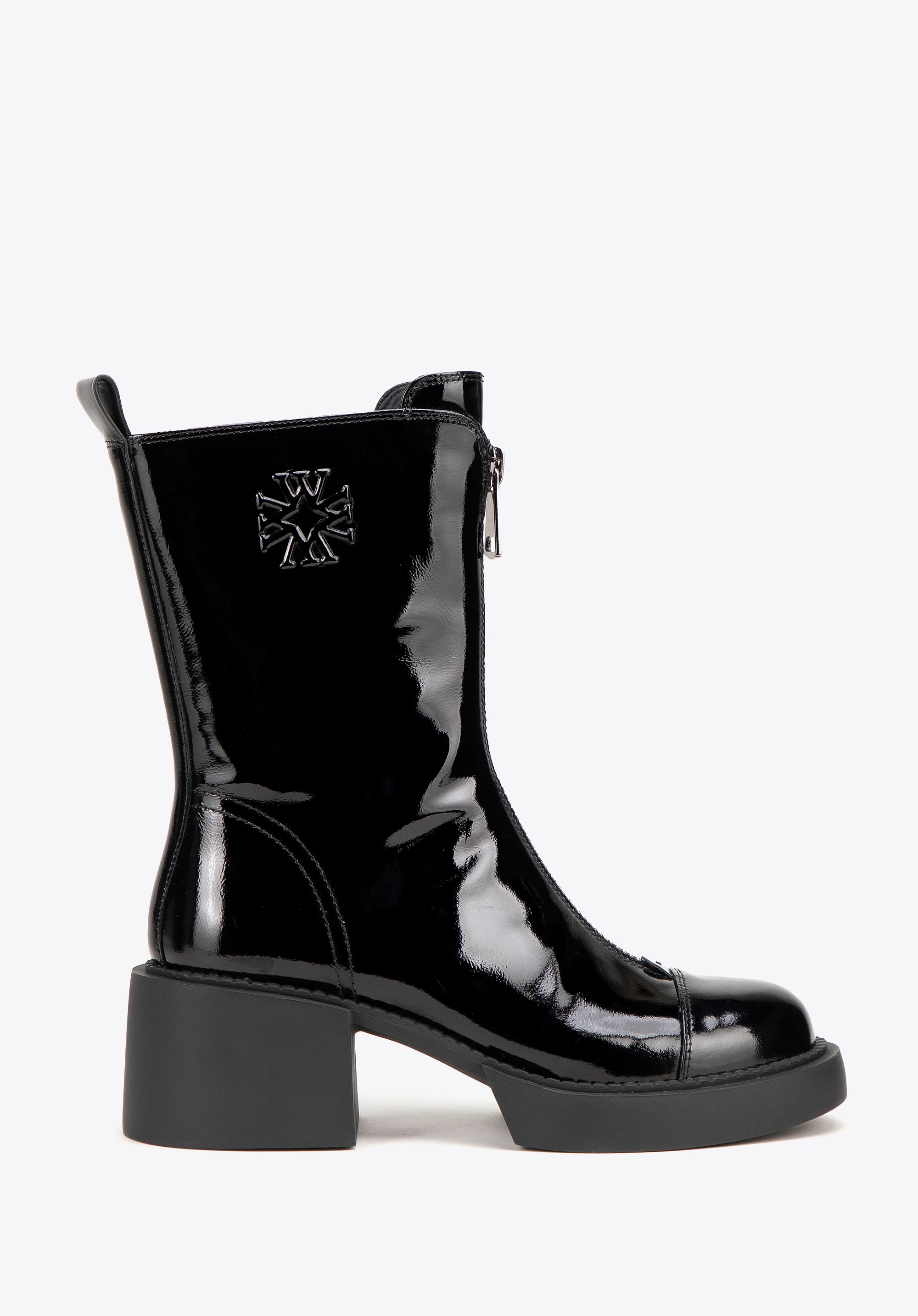 Damskie botki skórzane z monogramem czarno - srebrne