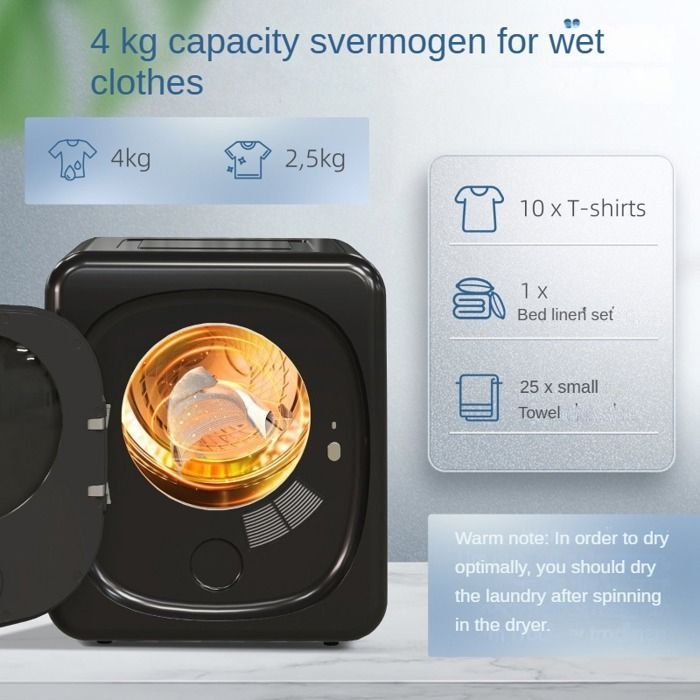 Sèche-linge compact 4 kg 800 W noir, écran tactile LED, 6 programmes, mural ou pose libre, protection surchauffe