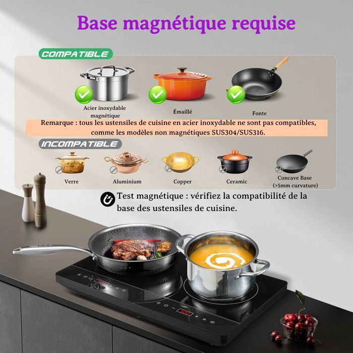 Plaque Induction 2 Feux,Table de cuisson induction,3500W, Écran Tactile, Contrôle Indépendant, 10 Niveaux,Portable