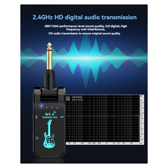 Sistema wireless per chitarra WS-4 2.4G, trasmettitore-ricevitore per chitarra elettrica e basso, trasmissione in tempo reale a 48 kHz/16 bit.