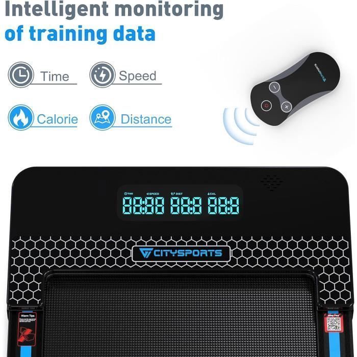 Opklapbare loopband met 7,7% hellingshoek, 1400W, CITYSPORTS WP3, 1-12 km/u. Zwart met blauwe accenten. Bluetooth-app.