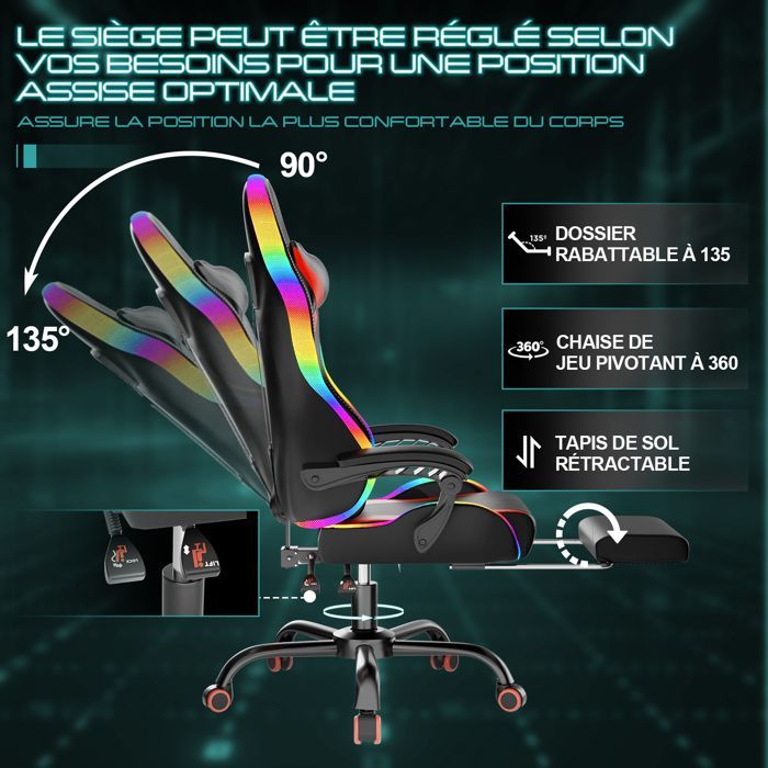 Chaise Gaming Ergonomique avec LED RGB, Massage Lombaire & Repose-Pieds – Fauteuil Gamer avec Appui-tête réglable – 180 kg, Rouge
